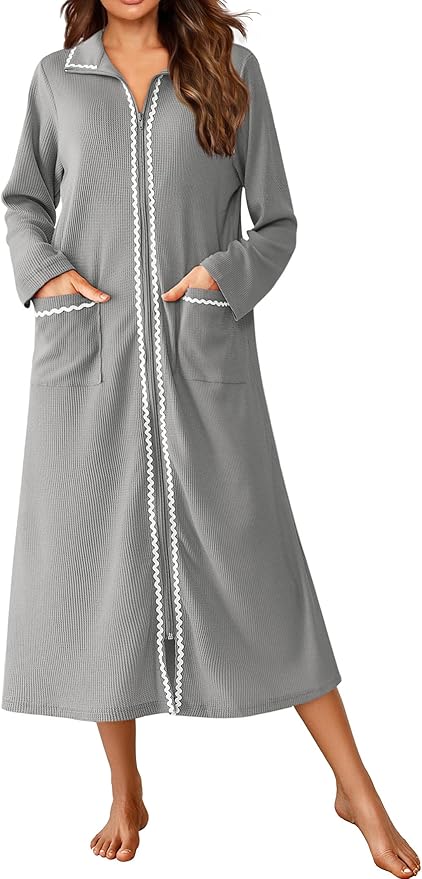 Ekouaer Zipper Robes for Women Long Waffle Knit Bathrobe Lightweight Long Sleeves Robe Soft Sleepwear with Pockets S-XXL