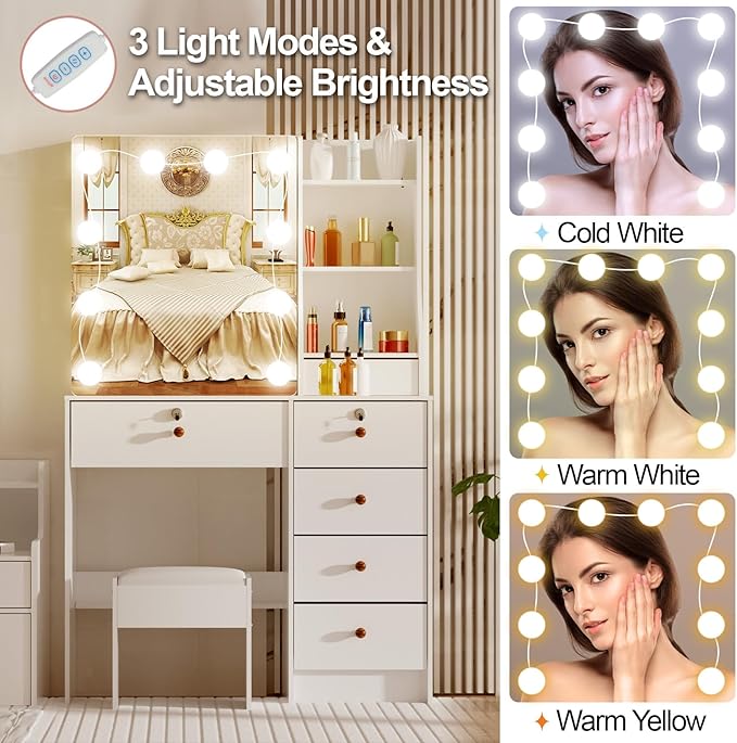 Vanity Desk with Makeup Mirror and Light, Makeup Dressing Table with 5 Drawers and Cushioned Stool for Bedroom, White Dressing Desk for Bedroom