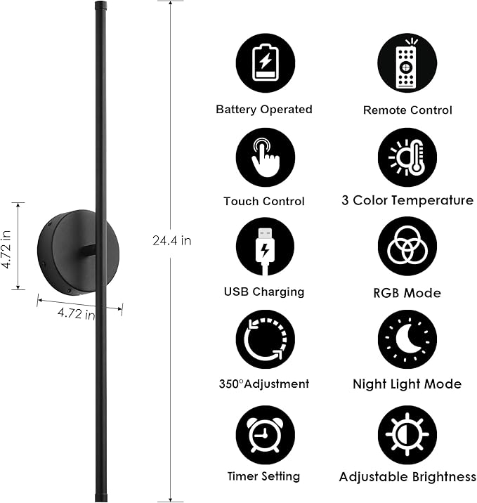 Battery Operated Wall Sconces Set of Two, with Remote Control, Dimmable, Warm White/Natural White/Daylight/RGB, 350°Rotate, LED Black Wireless Wall Light for Living Room, Bedroom, 24.4 Inch