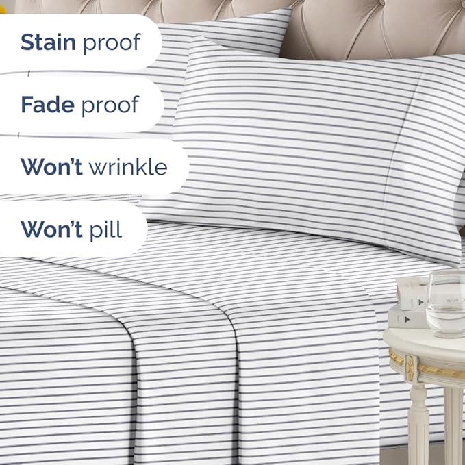 Blue and White Striped Sheets - 1 Flat & 1 Fitted Sheet & 2 Pillowcases w/ Deep Pockets - Cozy, Wrinkle & Fade Resistant - Ultra-Soft, Breathable & Cooling - Luxury Pinstripe Bedding - Queen Size