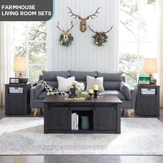 48" Lift Top Coffee Table, Farmhouse Cocktai with Sliding Groove Barn Door, Rustic Wood Center Table w/Double Storage Spaces for Living Room, Dark Grey
