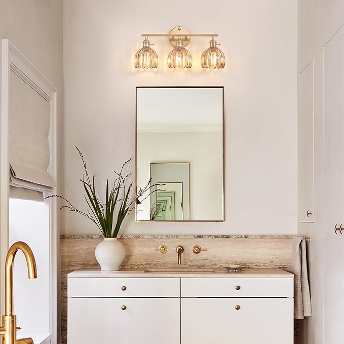 Bathroom Light Fixtures, 3-Light Brass Vanity Wall Light Over Mirror with Amber Tulip Glass Shade for Bedroom Living Room