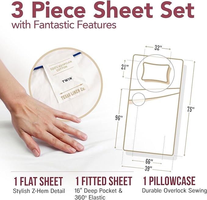 TEXAS LINEN CO. Luxury Egyptian Cotton Twin Sheet Set - 800 Thread Count 3 PC Burgundy Egyptian Cotton Sheets for Twin Size Bed, Extra Long Staple Soft Cooling Sheets, Deep Pocket Dorm Sheets Set