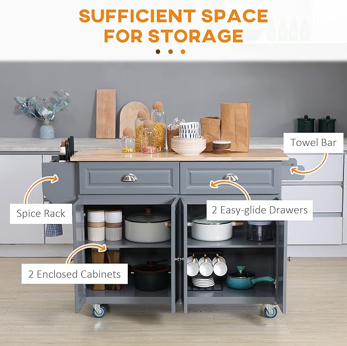 HOMCOM Rolling Kitchen Island Cart with Drop Leaf, Kitchen Cart on Wheels with Rubber Wood Top, 2 Drawers and 2 Storage Cabinets, Island Table for Kitchen, Dining Room, Dark Gray