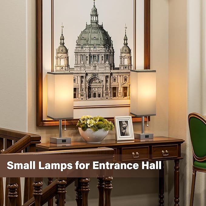 Grey Bedside Table Lamps for Bedroom Set of 2 - Small Rectangular Nightstand Lamp with AC Outlet Charging Port, 3 Color Temperatures Light, Tabletop Reading Lamp for Living Room/Dorm/Office