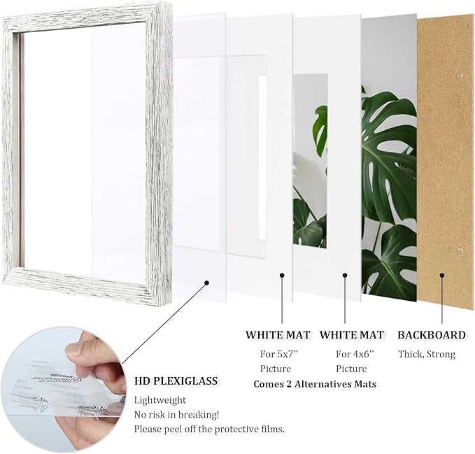 Egofine 8x10 Picture Frames Made of Solid Wood with Plexiglass, Display Pictures 4x6/5x7 with Mat or 8x10 Without Mat for Tabletop and Wall Mounting, Driftwood White