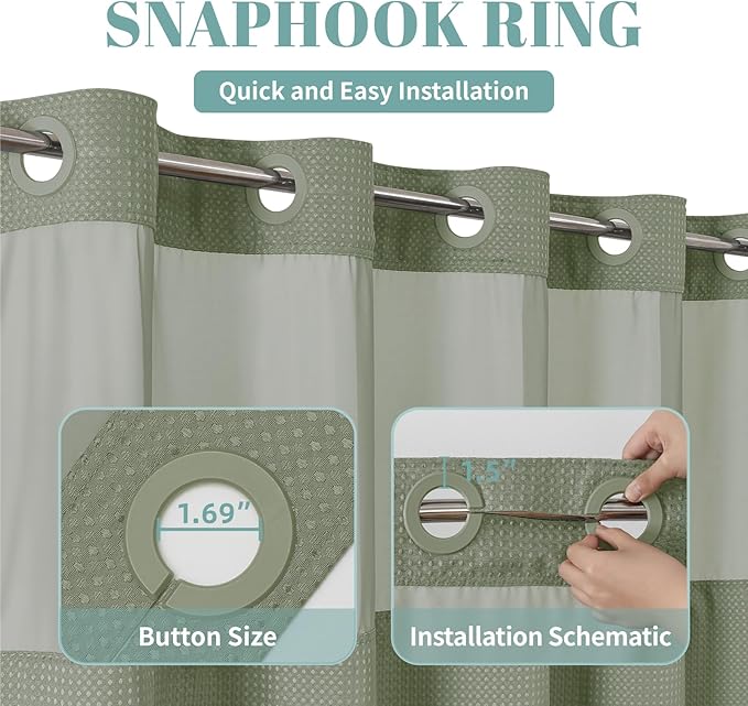 SageGreen No Hook Waffle Weave Shower Curtain with snap-in Liner Replacement, 230GSM Waterproof Fabric Hotel Shower Curtain Set for Bathroom, Through Mesh Top Window,71Wx74H