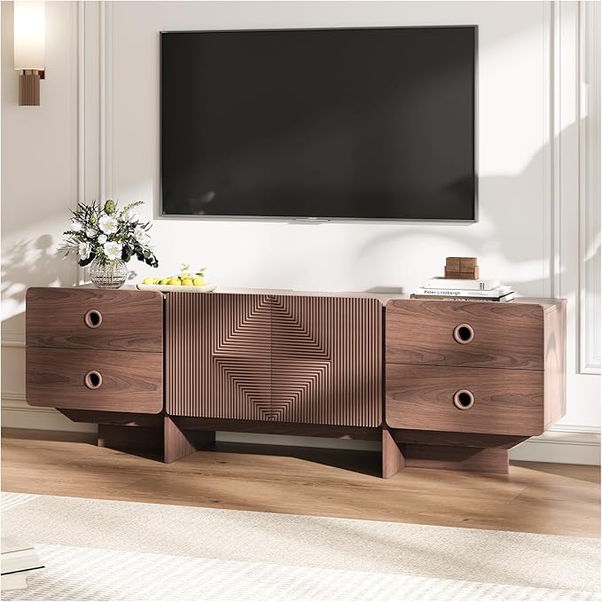 66" Fluted TV Stands for Living Room, Mid Century Modern TV Consoles for 75 inch TV, Entertainment Center with Storage, Media Console with Adjustment Shelf(Walnut)