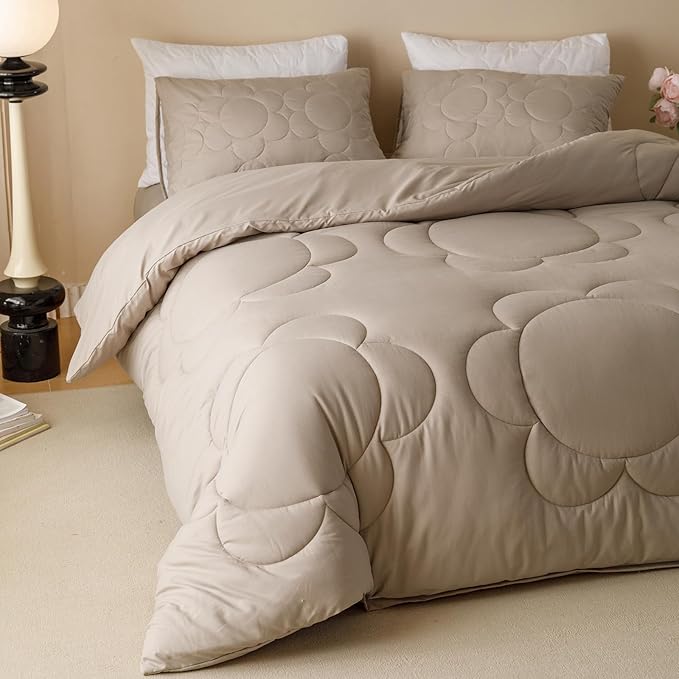 Luxlovery Mocha Sunflower Comforter Set Queen Beige Khaki Bedding Set Queen Size Boho Farmhouse Blanket Quilts Floral Elegant Soft Breathable Bedding Comforter Set