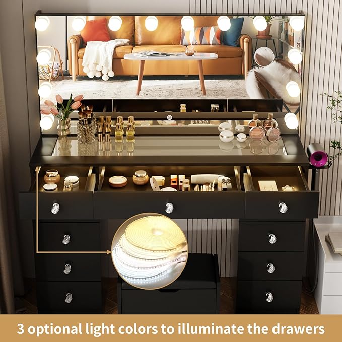 VOWNER Vanity with Lighted Mirror - Glass Top Makeup Vanity Desk with Lights and 11 Drawers, 3 Color Lighting Modes Adjustable Brightness, 46" Makeup Desk with Soft Cushioned Stool for Bedroom, Black