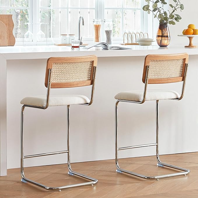 Natural Rattan Counter Height Stools Set of 4 with Solid Wood Back, 24 Inch Mid Century Modern Cesca Bar Stools, White Upholstery Boho Stool for Kitchen Counter with Chrome Metal Legs
