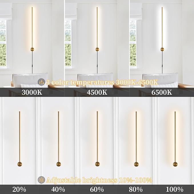 dimmable Modern Plug in Wall Sconce Set of 2, 23.6" Gold Brushed Wall Lights, Indoor Wall lamp Background Lighting with Memory Function, Applicable to Living Room and Bedroom 3000K 4000K 6000K