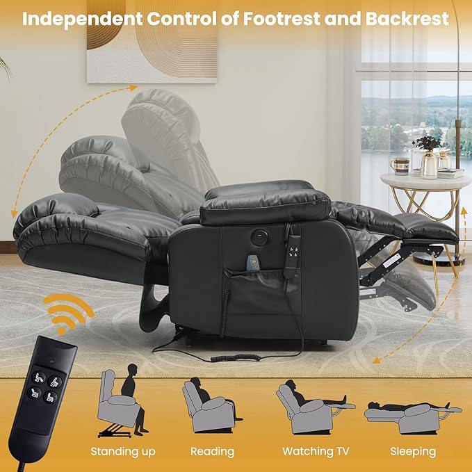 PARKOL Large Breathing Leather Infinite Position Power Lay Flat Lift Recliner Chairs for Elderly, Dual Motor with Massage and Heating,Extended Footrest,USB & Type-C Port and Remote,Black