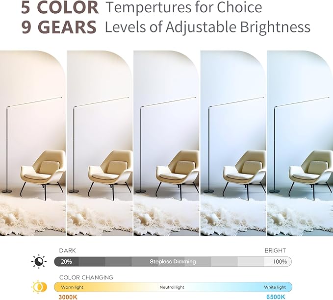 LED Floor Lamp, Bright Eye-Care Standing Lamp, Home Decor with Touch Control Dimmable Reading Light for Living Room, Bedroom, Office - Black