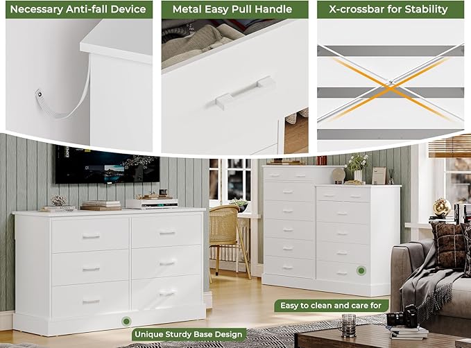 Hasuit White Dresser for Bedroom, Tall 7 Drawer Dresser with Sturdy Base, Wood Storage Tower Clothes Organizer, Large Storage Cabinet, Chest of 7 Drawers for Closet, Living Room, Hallway