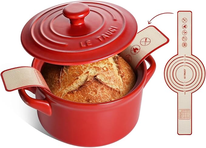 LE TAUCI 3 qt Ceramic Dutch Oven for Bread Baking with Silicone Sling- Lightweight, Non-Toxic, No Seasoning Needed- Oven, Microwave & Dishwasher Safe, Ideal for Home Bakers & Beginners, Chili Red