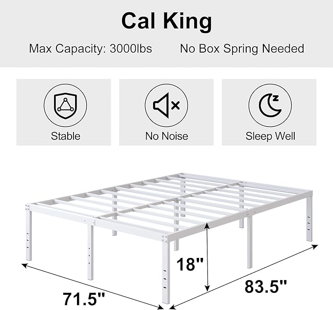 18 Inch California King Bed Frames Heavy Duty Metal Platform No Box Spring Needed, Maximum Storage, Easy to Assembly, Noise Free, White