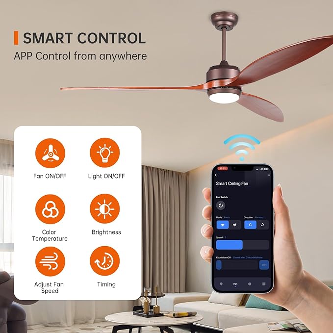 reiga 65 Inch Walnut Wood Ceiling Fan with Lights and Remote Control, Quiet Reverse DC Motor, High Airflow, Timer Function, and Built-in Air Purifier Coconut Carbon Pads for Home