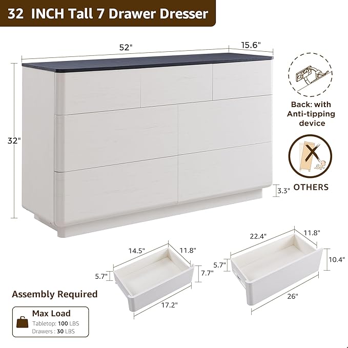 Modern 7 Drawer Dresser for Bedroom, 52" Wide Handleless Chest of Drawers, Push-to-Open Large Wood Storage, Dresser TV Stand for Bedroom, Living Room, Hallway, Curved Profile, White