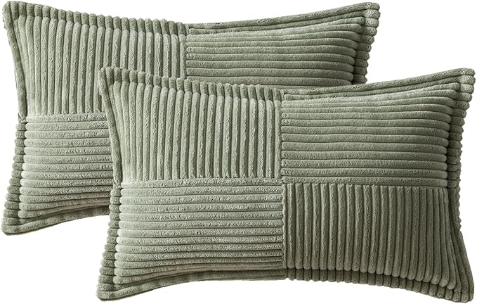 MIULEE Decorative Lumbar Throw Pillow Covers for Couch Bed Livingroom 12x20 Inch Set of 2 Light Olive Green Boho Accent Throw Pllows Broadside Striped Patchwork Soft Corduroy Summer Pillowcases