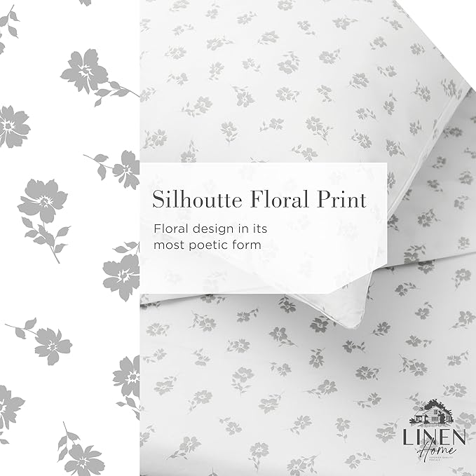 Linen Home 100% Cotton Printed Percale Sheets Queen Size, Deep Pocket, 4 Pieces Set - 1 Flat, 1 Deep Pocket Fitted Sheet and 2 Pillowcases, Crisp Cool and Strong Bed Linen, Grey Silhouette Floral
