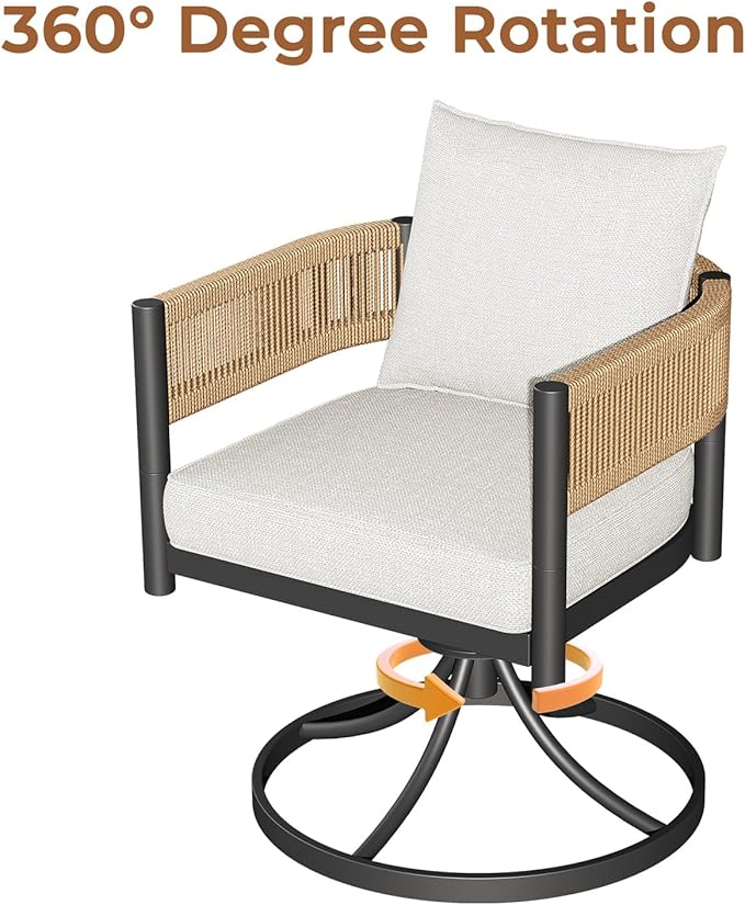 Grand patio Outdoor Dining Set for 6, 7PCS Patio Table and Chairs Set, Metal Woven Wicker Swivel Patio Chairs with Thickened Cushions & Rectangular Woodgrain Dining Table with Umbrella Hole (Natural)