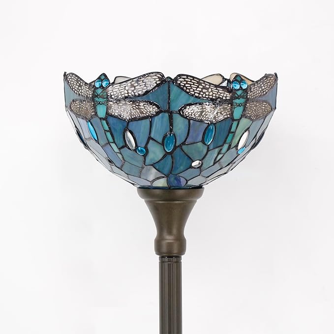 Tiffany Floor Lamp Sea Blue Torchiere Stained Glass Dragonfly Style Torch Lamp 12X12X67 Inch Antique Standing Corner Light