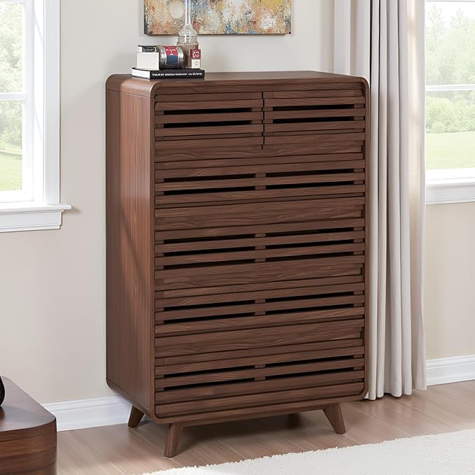 Fluted Dresser for Bedroom, Tall Dresser with 6 Drawers, Chests of Drawers with Grille & Curved Design, Dressers Slides Pre-Installed, Large Wood Drawer Organizer for Bedroom Hallway, Dark Walnut