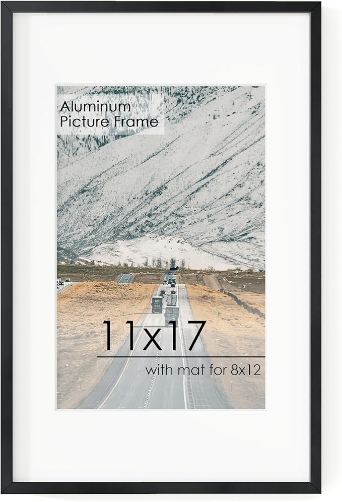 11x17 Metal Picture Frame for Wall With Mat for 8x12, 11''x17'' Aluminum Photo Frames With Tempered Glass for Home Decor, Minimalist Modern Poster Frame Horizontal And Vertical Formats, Black