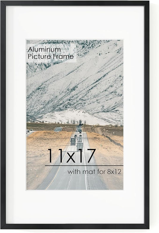 11x17 Metal Picture Frame for Wall With Mat for 8x12, 11''x17'' Aluminum Photo Frames With Tempered Glass for Home Decor, Minimalist Modern Poster Frame Horizontal And Vertical Formats, Black