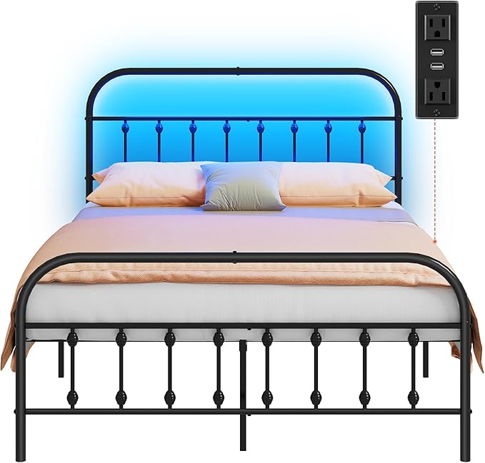 WLIVE Full Size Bed Frame with Headboard, Full Bed Frame with LED Lights and Charging Station, Metal Platform Bed with Storage, Black
