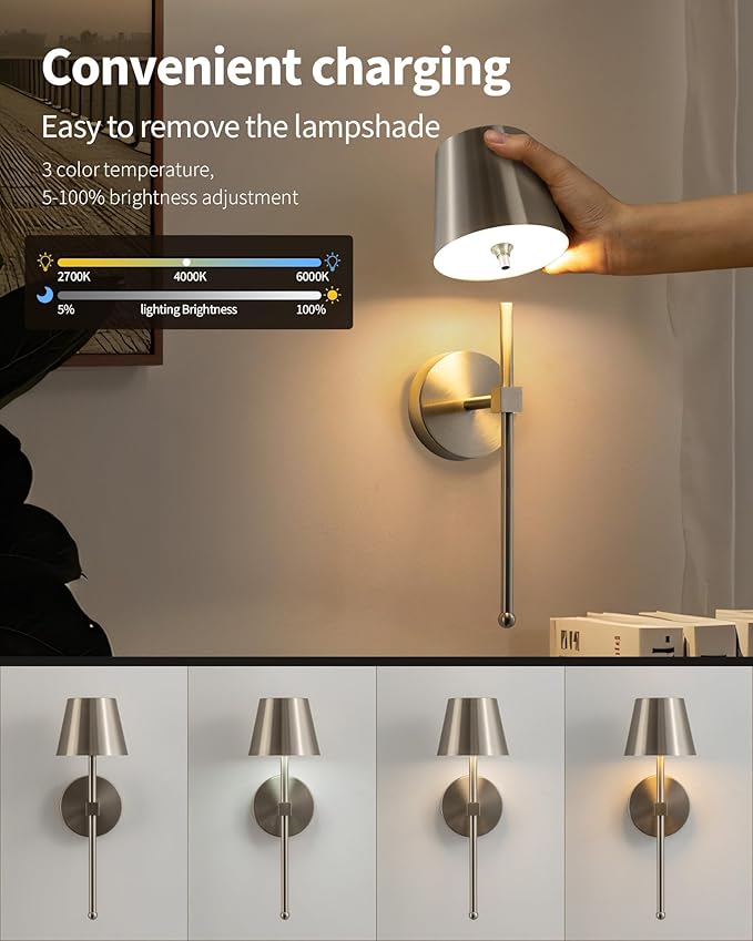 KDG Cordless Wall Sconces Set of 2, Wireless 5200mAh Rechargeable Battery LED Wall Lamps, Wall Lightings for Wall Painting, Outdoor, Garden, Bedside, Hallway, Gifts, Night Light (Brushed Nickel)