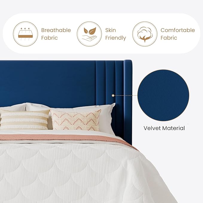 SHA CERLIN Queen Size Velvet Upholstered Platform Bed Frame with Vertical Channel Tufted Wingback Headboard, Wooden Slats Support, Easy Assembly, Under Bed Storage, No Box Spring Required, Blue