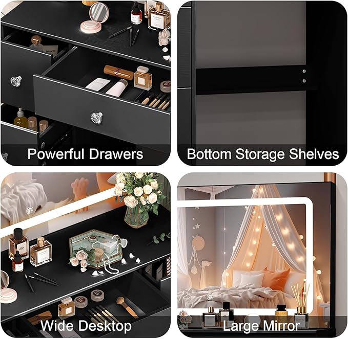JBLCC Black Vanity Desk with Mirror and Lights, 39.4''W Makeup Vanity with 3-Color Lighted Mirror, 7 Drawers & Open Shelves, Big Vanity Table for Bedroom, Girls & Women