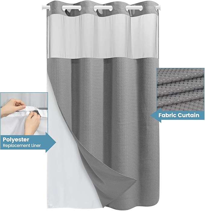 Stall No Hook Shower Curtain with Snap in Liner,230GSM Waffle Weave Shower Curtains for Bathroom,60W x 74H,Grey