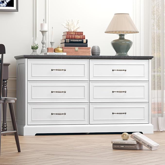 Dresser for Bedroom with 6 Drawer, Farmhouse Dresser for Closet, 47'' Wide Rustic Wooden Chest of Drawers with Natural Wood Texture, Vintage Storage Organizer for Living Room, Hallway, White