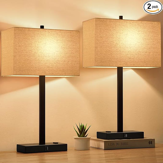 21" Touch Bedside Lamps with 2 USB & AC Outlets, 3-Way Dimmable Bedside Table Lamps Set of 2 for Bedroom Living Room Office Reading, Beige Linen Shade Lamps for Night Stands, 2700K LED Bulbs Included