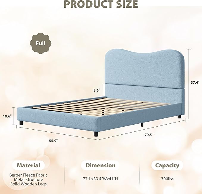 GarveeHome Full Size Bed Frame for Kids with Velvet Upholstered Headboard, Cute Low Profile Platform Bed for Girls and Boys, No Box Spring Needed, Strong Wooden Slats, Noise Free, Easy Assembly, Blue