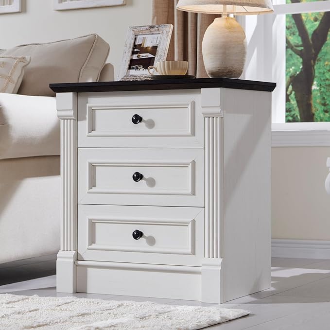 26" Tall Nightstand with Charging Station, Farmhouse 23.6" Wide Large End Table w/Roman Column, Wood Rustic Side Table w/Metal Handle, 3 Drawers Dresser for Bedroom, Living Room, White