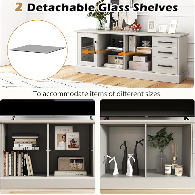 Giantex Farmhouse TV Stand for 73 Inch TV, Wood TV Console Table w/Removable Glass Shelves, Cable Management Holes & Drawers, Rustic Entertainment Center with Storage for Living Room, Bedroom, Grey