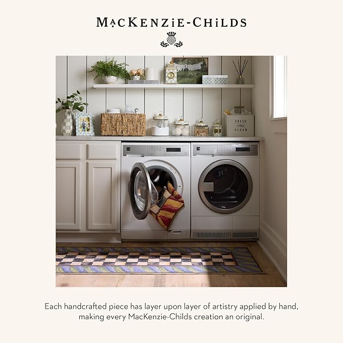 MACKENZIE-CHILDS Washable Rug, Decorative Indoor Rug, 2'6" x 8' Runner, Purple-and-Green Courtly Check