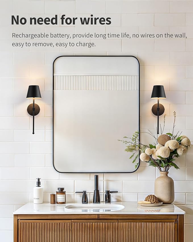 KDG Wireless Wall Sconces Set of 2, Small Cordless 5200mAh Rechargeable Battery LED Wall Lamps, Stepless Dimming Lightings for Wall Painting, Living Room, Bedroom, Hallway, Gifts, Night Light (Black)