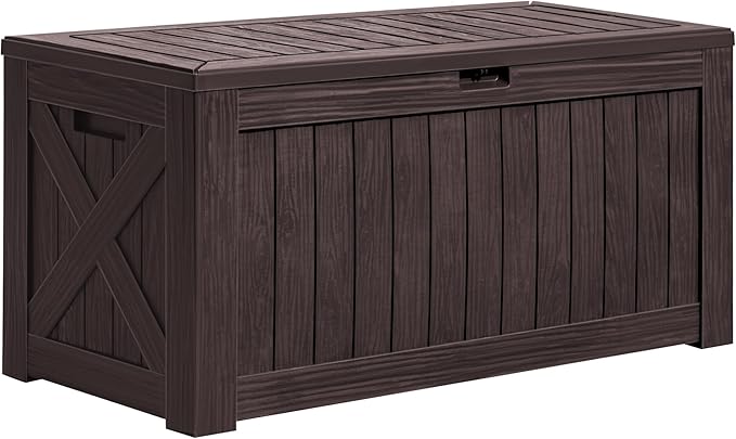 Greesum 120 Gallon Deck Box, Resin Outdoor Storage Container for Patio Furniture, Garden Tools, Pool Accessories, Weatherproof, Lockable, Brown