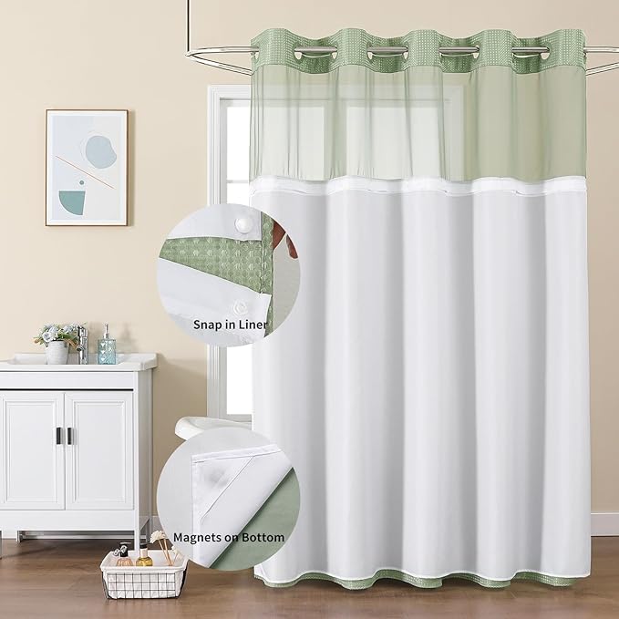 Colorful Star No Hook Shower Curtain with Snap in Fabric Liner, Waffle Weave Heavy Duty Thick Shower Curtains with Mesh Top Window, Hotel Style Waterproof Bathroom Curtain Set, 72'' x 75'', Sage Green
