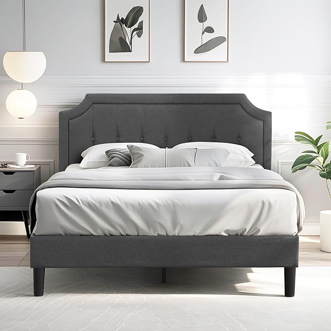 VECELO Queen Size Platform Bed Frame with Fabric Upholstered Headboard and Wooden Slats Support, No Box Spring Needed/Easy Assembly,Grey