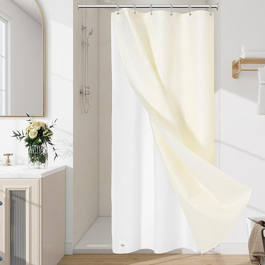 3 in 1 Stall Half Size Cream Shower Curtain Set-36 W x 72 H, Ivory Waffle Waterproof Fabric and PEVA Liner Set with Stainless Steel Hooks
