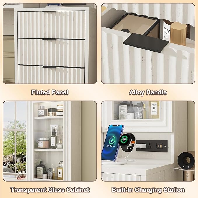 55" Fluted Makeup Vanity Desk with Large Mirror and Lights, Modern Glass Top Big Vanity Table with 9 Drawers & Open Storage Shelves, Dressing Table w/Charging Station for Bedroom, White