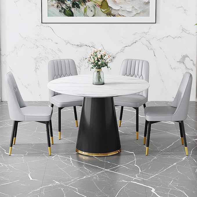 45 Inch Round Dining Table Set for 4, 5 Piece Kitchen Table and Chairs Set, White Faux Marble Table Top, Small Space Dining Set for Apartment or Dining Room