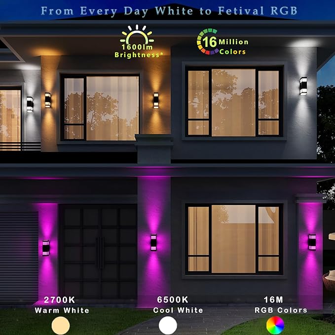 Smart Outdoor Sconce Lights 2 Pack, Up Down Wall Porch Lights RGB Color Changing WiFi APP Control, Dimmable LED Exterior Wall Lighting Fixtures Work with Alexa,No Hub Required,ETL Listed