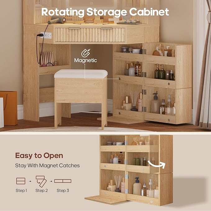 Fluted Corner Vanity Desk with Mirror Lights, Makeup Vanity with Charging Station, Drawers & Rotating Cabinets, Corner Vanity with Storage Bench, for Bedroom, Natural Wood